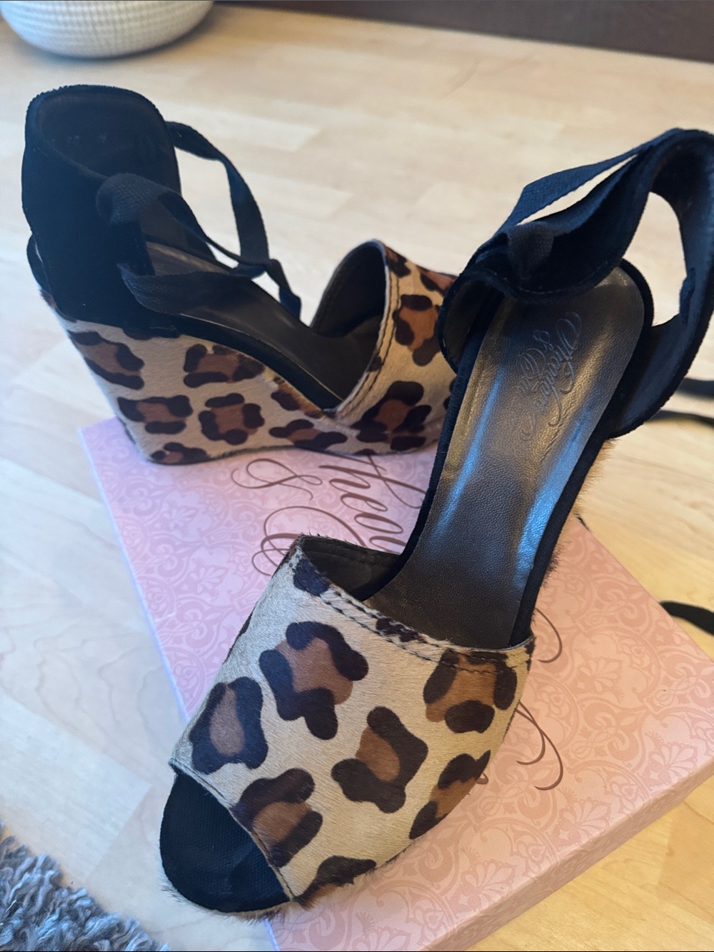 Theodora & Callum Leopard Print Wedge Sandals with Black Ankle Ties - Picture 4 of 7